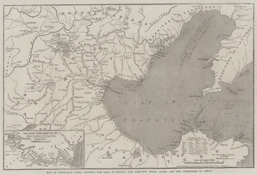 Mapa severovýchodní Číny, zobrazující záliv Pechili, řeku Tien-Tsin (Peiho) a přístupy k Pekinu